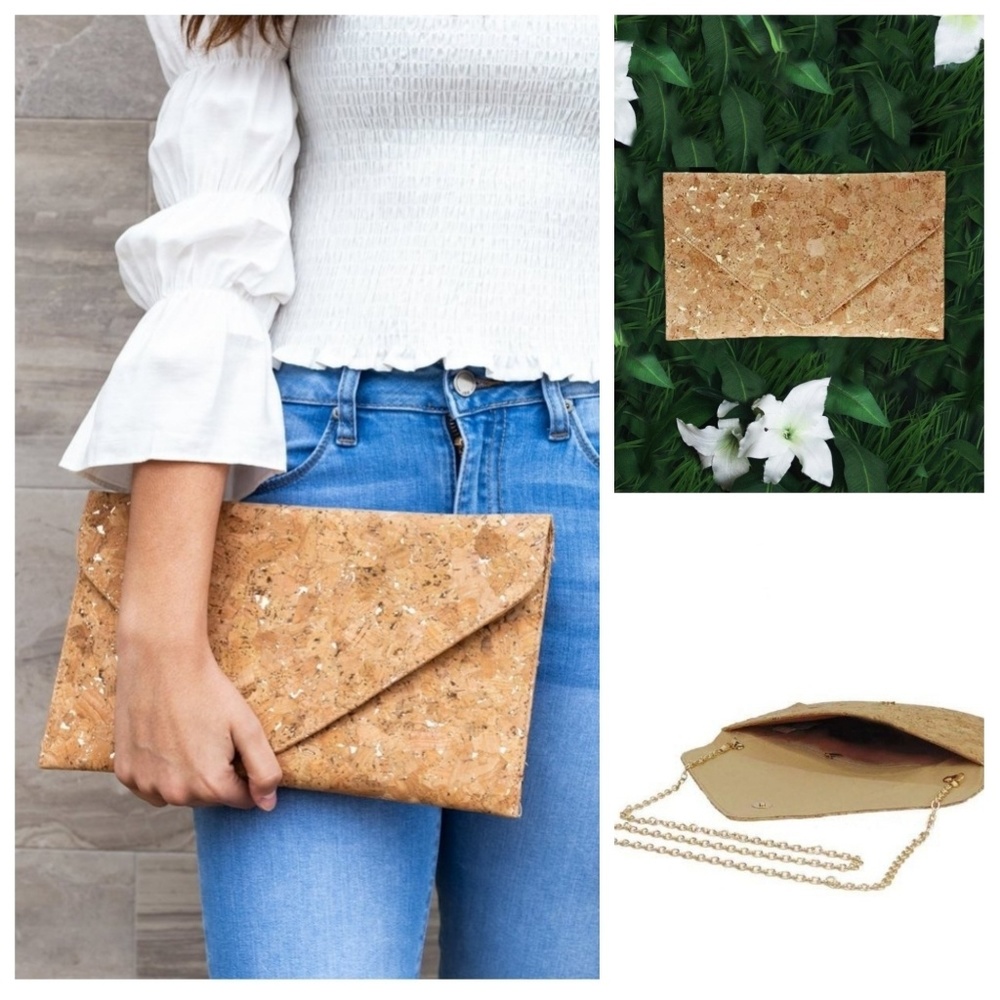 NWT Cork and Gold Envelope Clutch  w/ Gold Stap